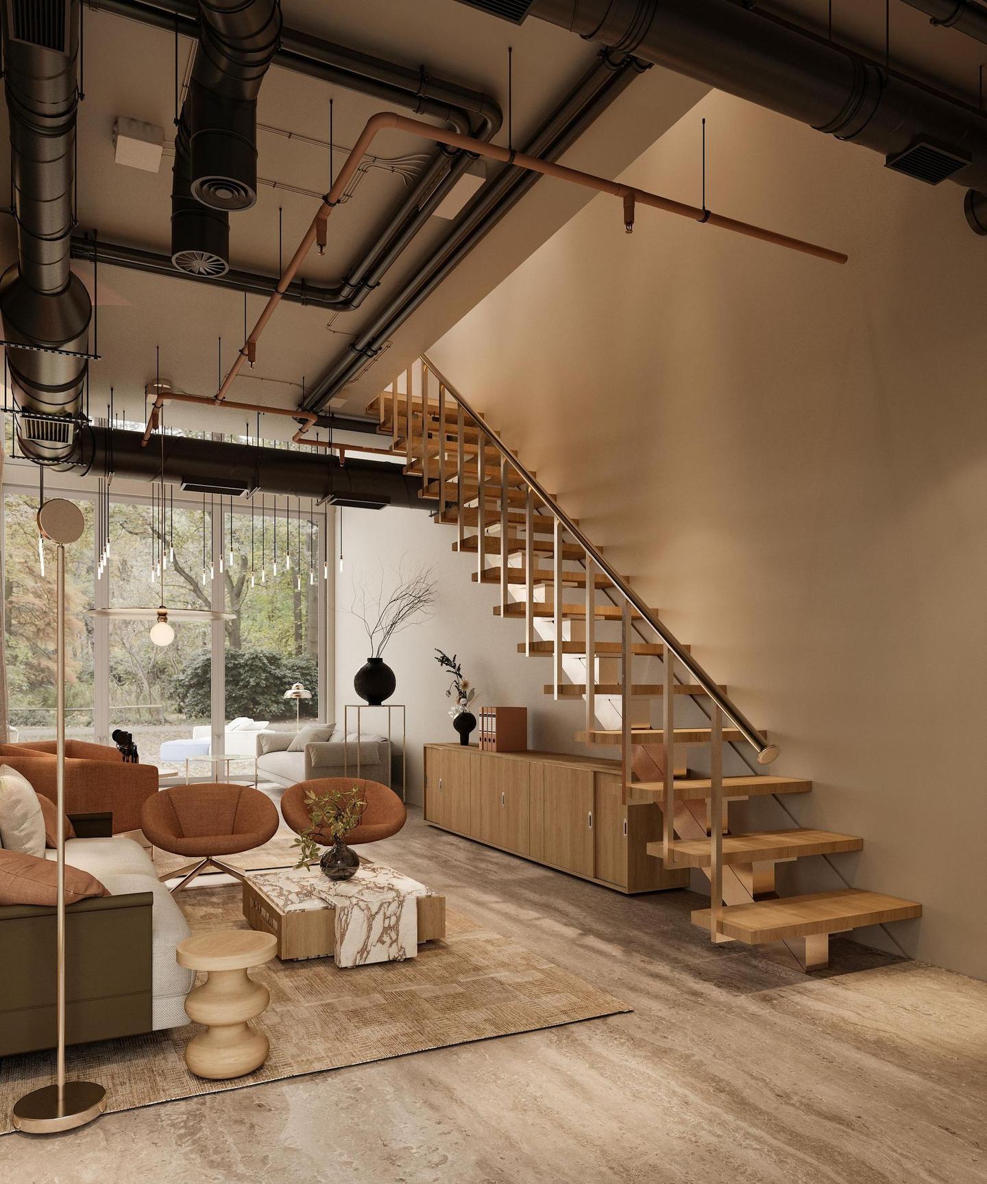 The lounge and open stair to the mezzanine