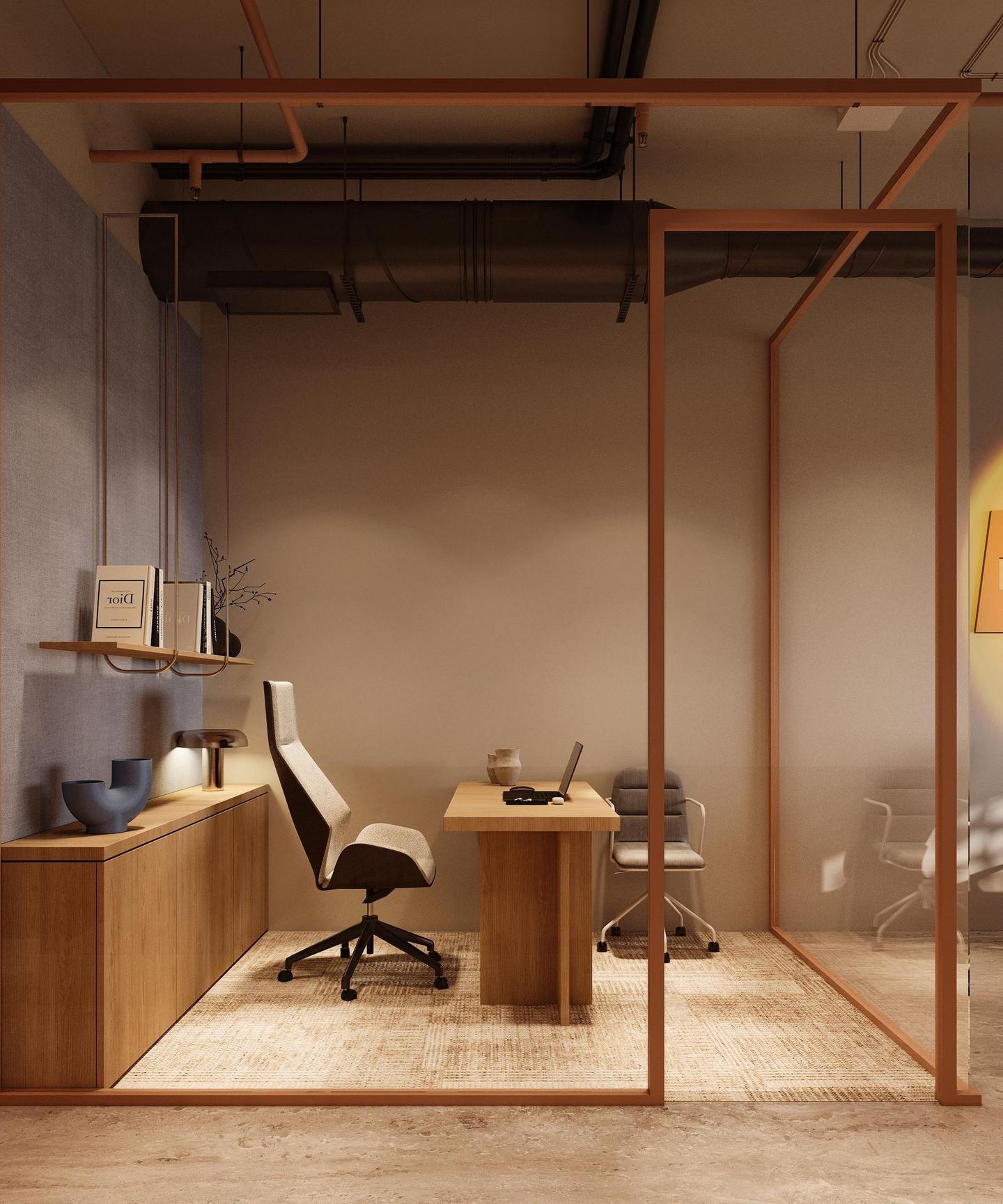 Office, a glass box in a copper frame with an oak desk