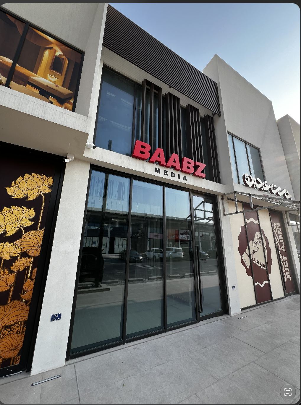 The Baabz Media storefront, red letters above a glass front
