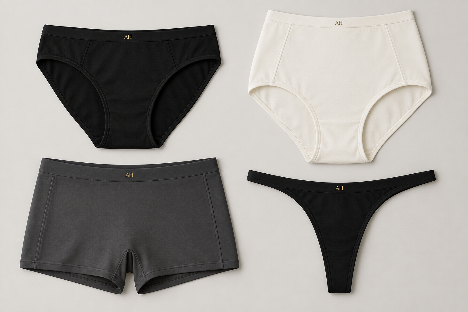 Four original AH women's underwear concepts: black classic brief, ivory high-rise brief, graphite short and black minimal thong, with understated AH branding.