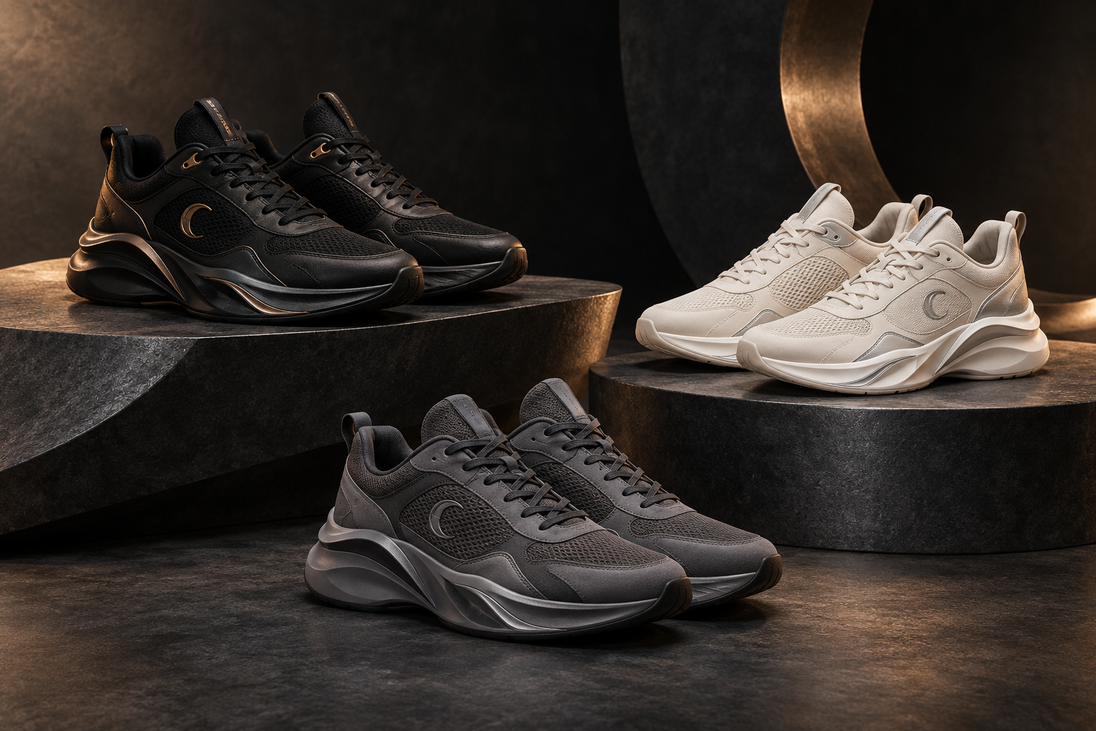 Original Cortex sneaker concepts for men and women in black and bronze, ivory and silver, and graphite.