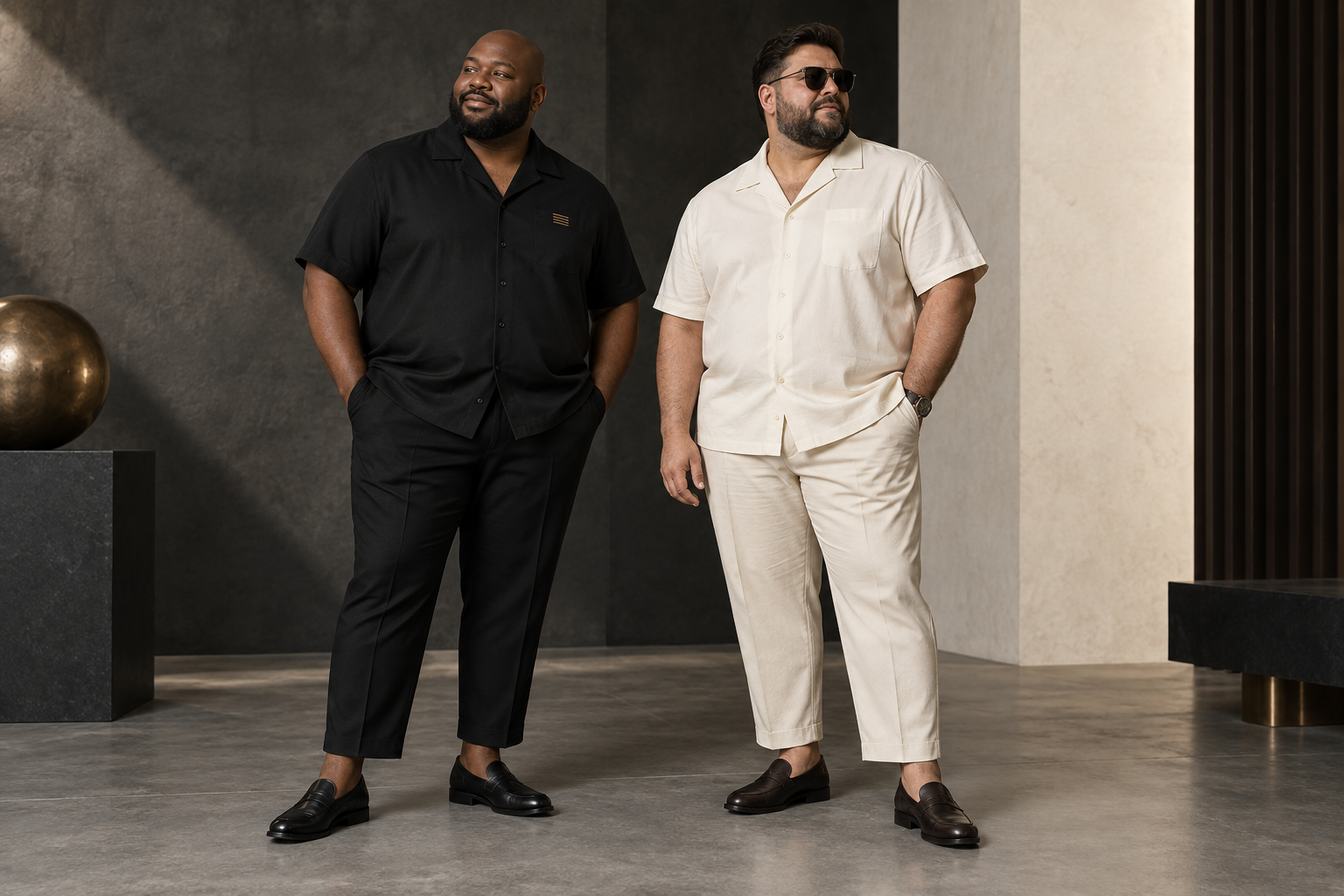 Concept editorial of two adult fuller-bodied men in black and ivory Cortex short-sleeve shirts and cropped trousers.