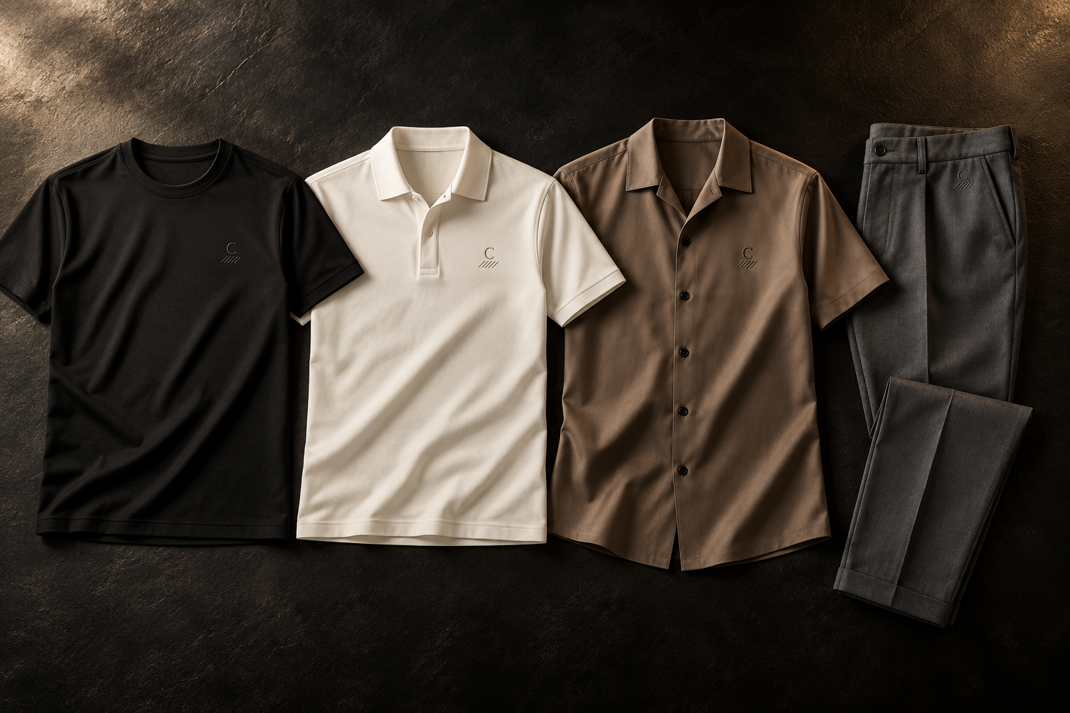 Concept collection of fitted Cortex tees, polos, half-sleeve shirts and cropped trousers in neutral brand colors.