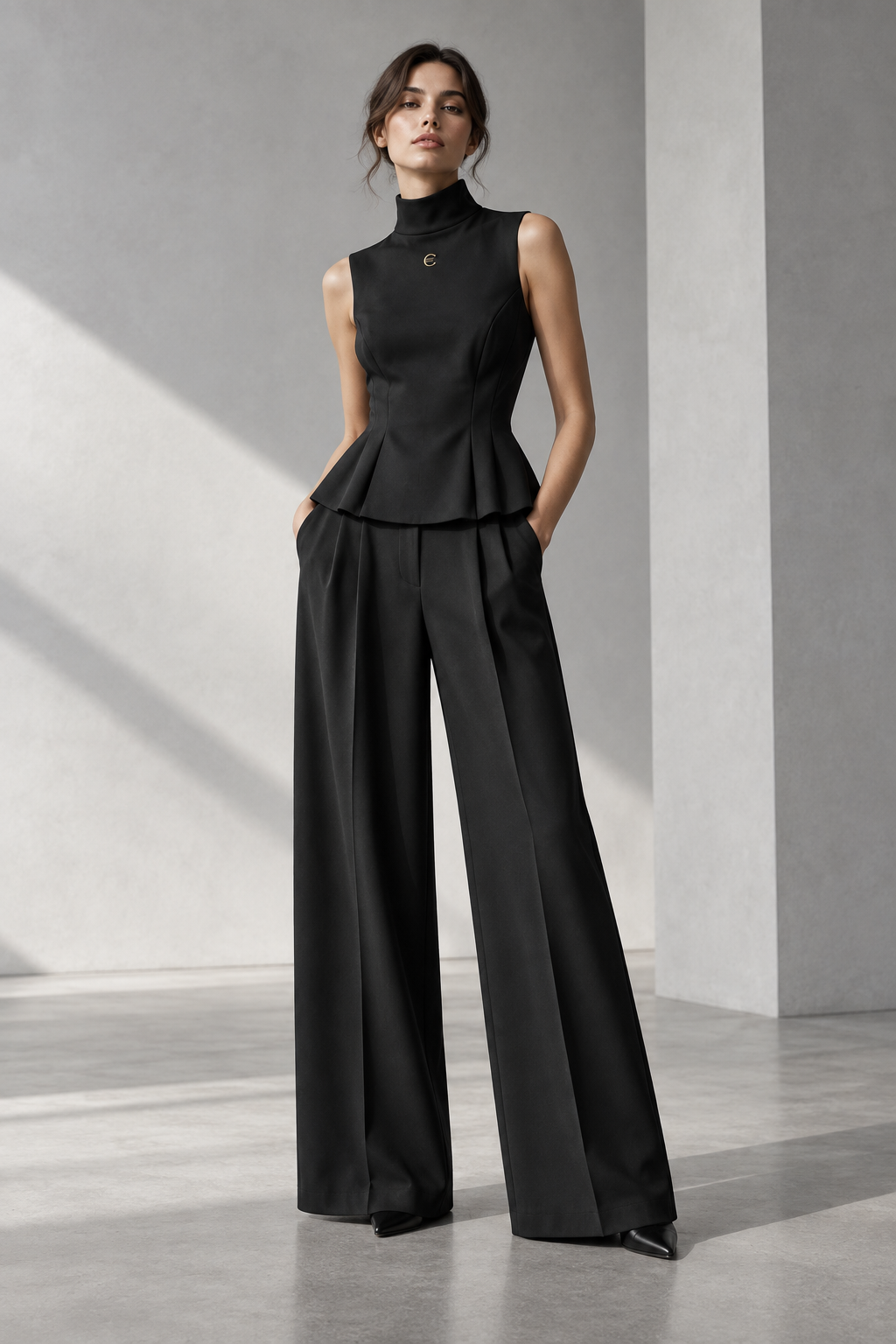 Editorial concept of a woman wearing the Cortex sculpted black top and wide-leg trousers with restrained gold C detailing.