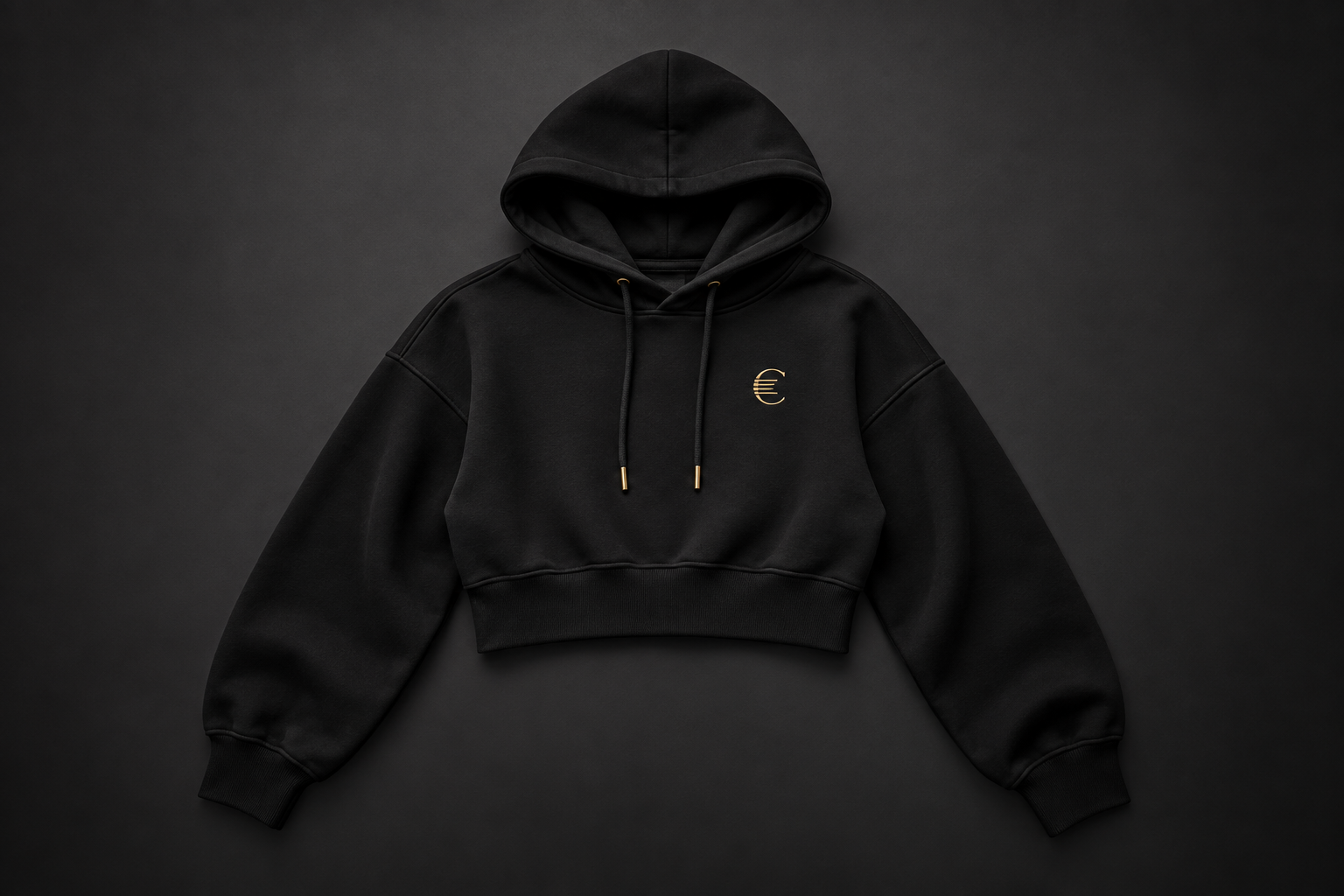 Women's black Cortex cropped hoodie concept with dropped shoulders and a small gold C and four-line chest signature.