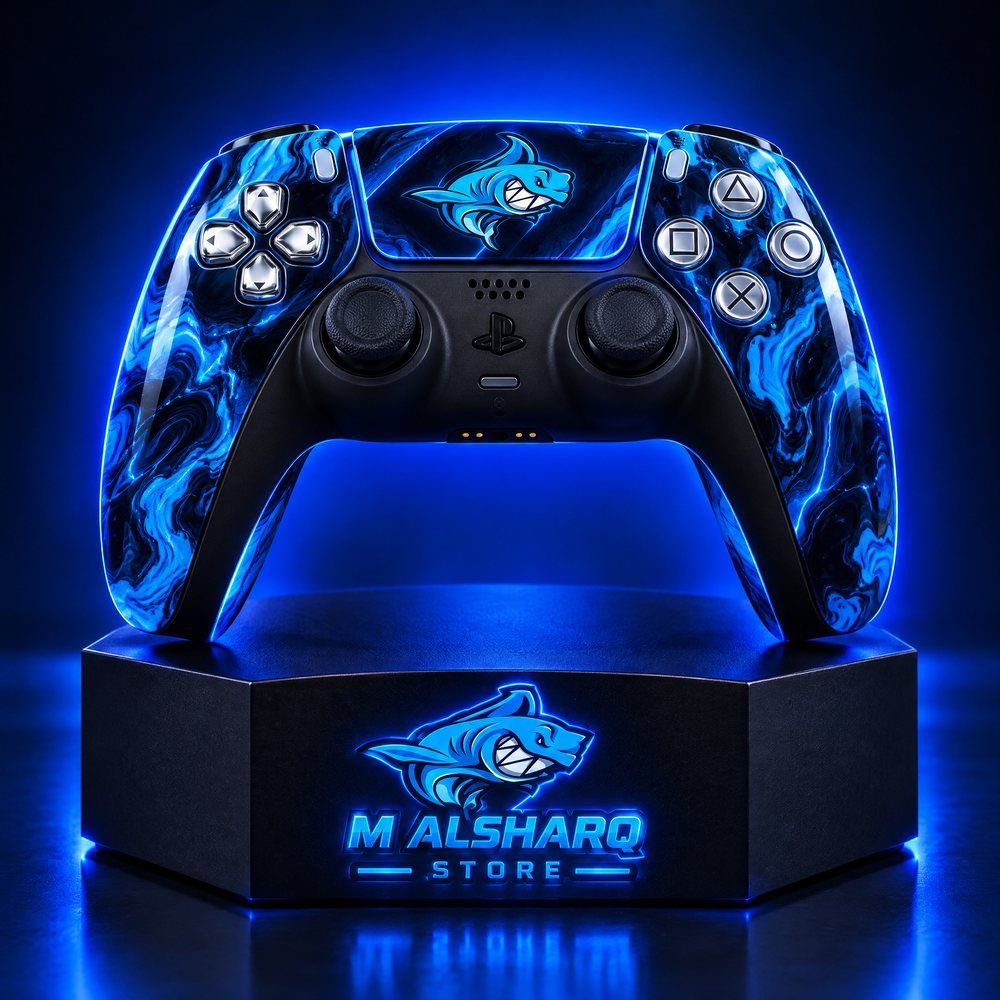 A custom shark design DualSense built at the store